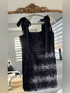 House of Harlow 1960 Black Velvet Floral Mini Dress with Ribbon Straps